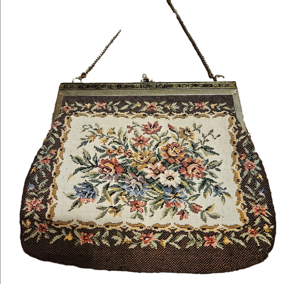 Handbags - 1930’s Vintage Floral Tapestry Clutch Handbag - Brown and Cream